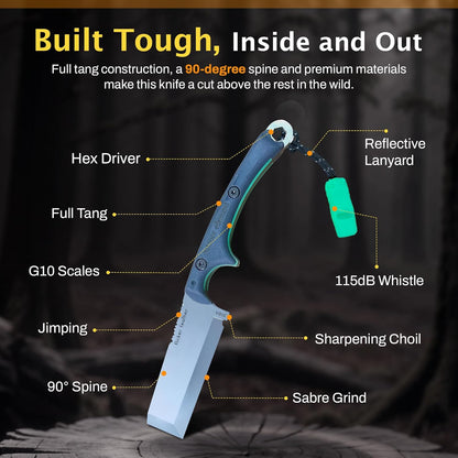 Scout Feather Glow - Fixed Blade Survival Knife with built-in Firestarter for Camping, Hunting, Outdoor Adventure and Culinary Need - VG10 Blade, Whistle, Knife Sharpener, Compact Sheath & G10 Handle