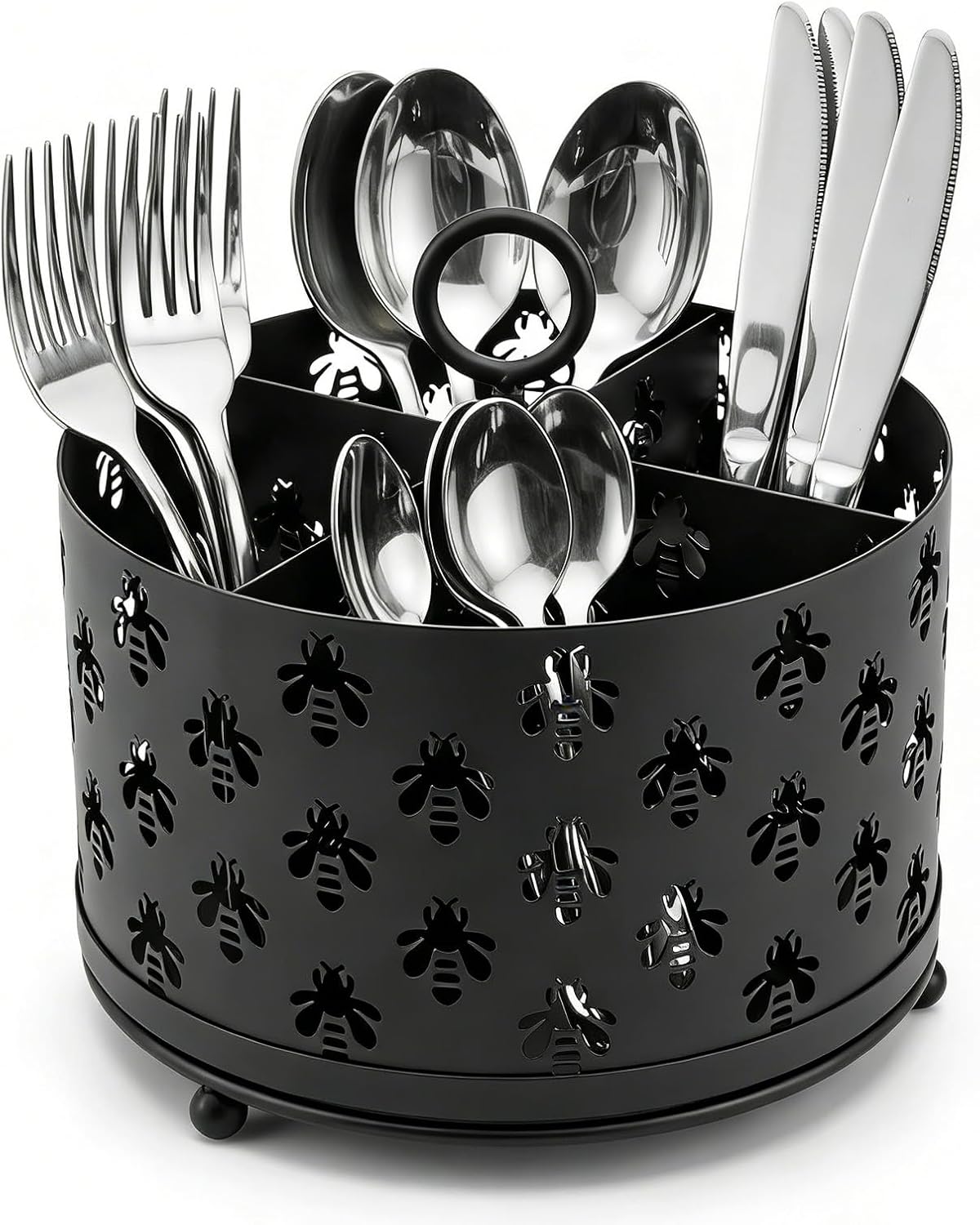 NelyBet 360° Rotating Utensil Caddy With Handle, Cutlery Silverware Caddy Holder Flatware Organizer with 4 Compartment For Kitchen Countertop Party Office Black