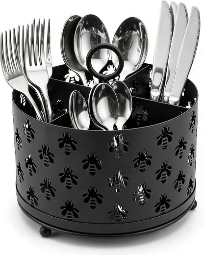 NelyBet 360° Rotating Utensil Caddy With Handle, Cutlery Silverware Caddy Holder Flatware Organizer with 4 Compartment For Kitchen Countertop Party Office Black