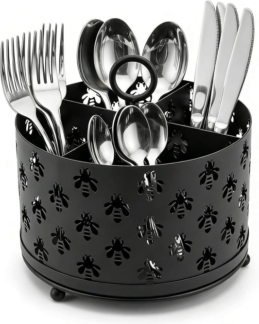 NelyBet 360° Rotating Utensil Caddy With Handle, Cutlery Silverware Caddy Holder Flatware Organizer with 4 Compartment For Kitchen Countertop Party Office Black