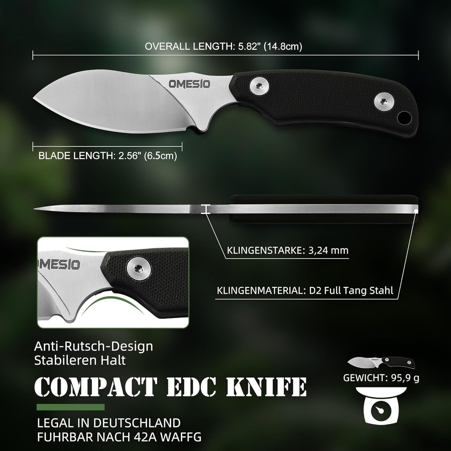 Omesio Neck Knife, Full Tang EDC Knife Necklace for Men, 5.82" Fixed Blade with Kydex SHeath and Clip, Nessmuk Blade Small D2 Steel G10 Handle for Outdoor, Survival, Camping