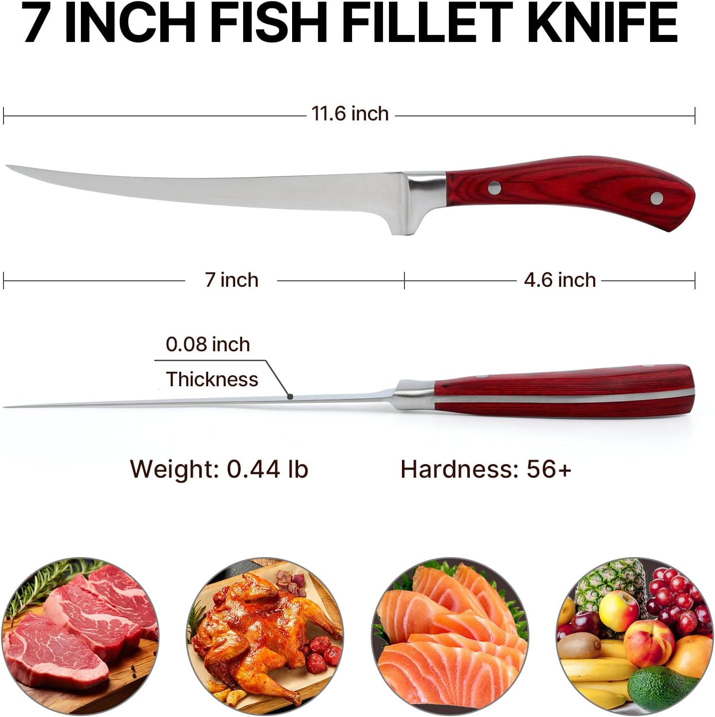 Fillet Knife, 7 Inch Professional Fish Knife - High Carbon Stainless Steel Blade, Full Tang Pakkawood Handle, Ultra Sharp for Filleting Meat Poultry, with Gift Box