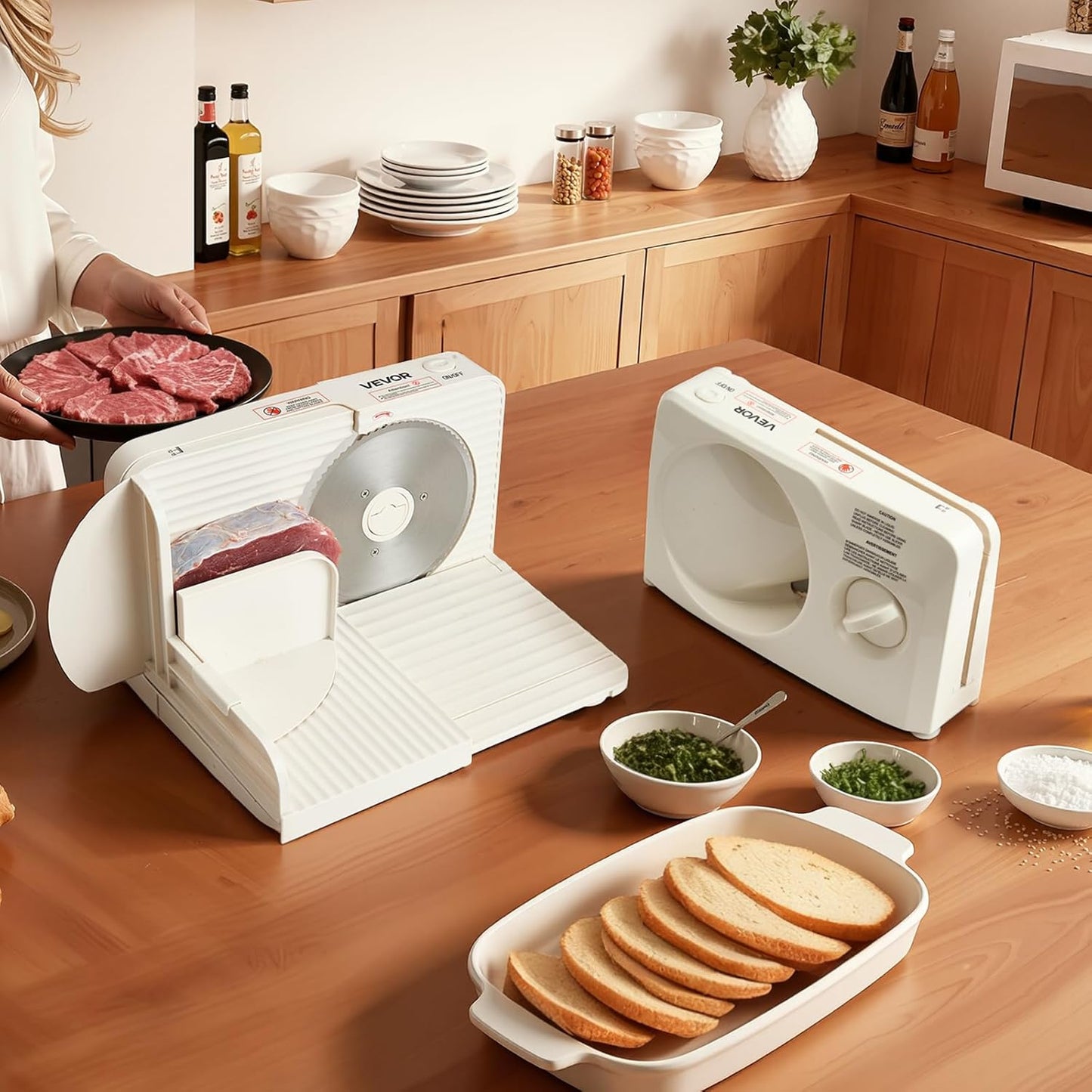 VEVOR Meat Slicer, 7.5 inch 200W Electric Deli Slicer Machine with SUS420 Blade, 0-0.6 inch Adjustable Thickness, ETL Certified Home Food-Slicer for Meat, Ham, Baguett, Steak