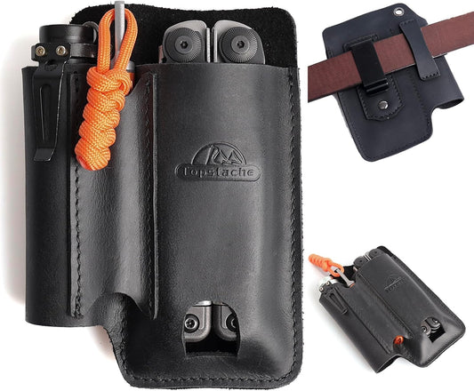 Topstache Leather Multitool Sheath with Belt Clip - Multi Tool Holster for Belt - EDC Belt Organizer Fits Multitool, Flashlight, Pen - Leather EDC Pouch, DarkBrown