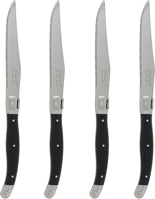 French Home Laguiole 4-Piece Steak Knife Set – Sophisticated Stainless Steel Dinner Knives with Wood Grain Handles & Iconic Bee Emblem – Serrated Knives for Smooth Cutting (9.25")