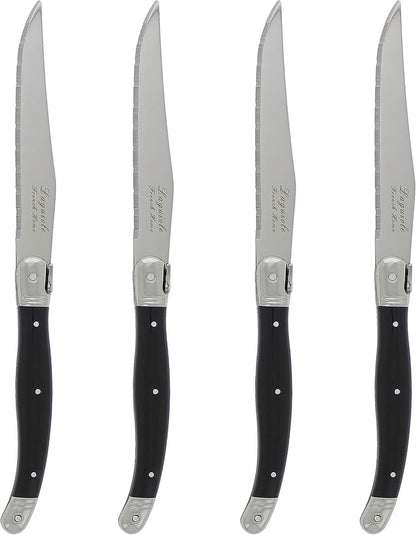 French Home Laguiole 4-Piece Steak Knife Set – Sophisticated Stainless Steel Dinner Knives with Navy Blue Handles & Iconic Bee Emblem – Serrated Knives for Smooth Cutting (9.25")