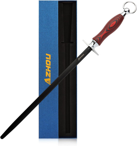 Azhou 12" Professional Knife Sharpener Steel Rod - High Carbon Steel (HRC 63), Fine 200 Grit for Kitchen & Chef Knives, Easy to Use with Non-Slip Wooden Handle & Gift Box