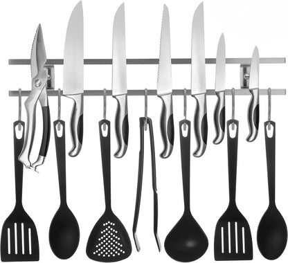 Magnetic Knife Holder for Wall, Stainless Steel 18 Inch Knife Strip with 7 Storage Hooks, Wall Mount Knife Magnet Bar Rack