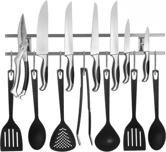 Magnetic Knife Holder for Wall, Stainless Steel 18 Inch Knife Strip with 7 Storage Hooks, Wall Mount Knife Magnet Bar Rack