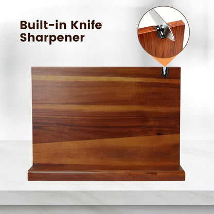 Magnetic Knife Block Natural Acacia Wood Knife Holder Space-Saving Magnetic Strip for Kitchen Knives Self-Sharpening Slot for Maintaining Blade Sharpness Strong Magnet Securely Holds Knives
