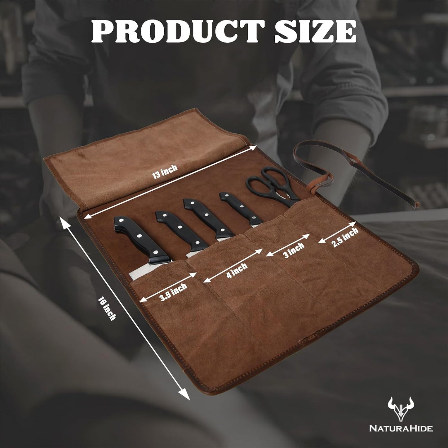 Leather Knife Roll Bag for Professional Chefs 4 Slot Full Grain and Suede Leather Knife Case Handmade Culinary Tool Roll Organizer for Travel, Kitchen and Outdoor Cooking (Black)