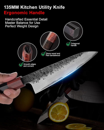 kanngou Paring Knife 5.3 inch Japanese Petty Knives, AUS-8 Alloy Steel Kitchen Utility Knife with Red Sandalwood and Eboy Wood Handle, Fruit Peeling Knife with Premium Box (WA Series)