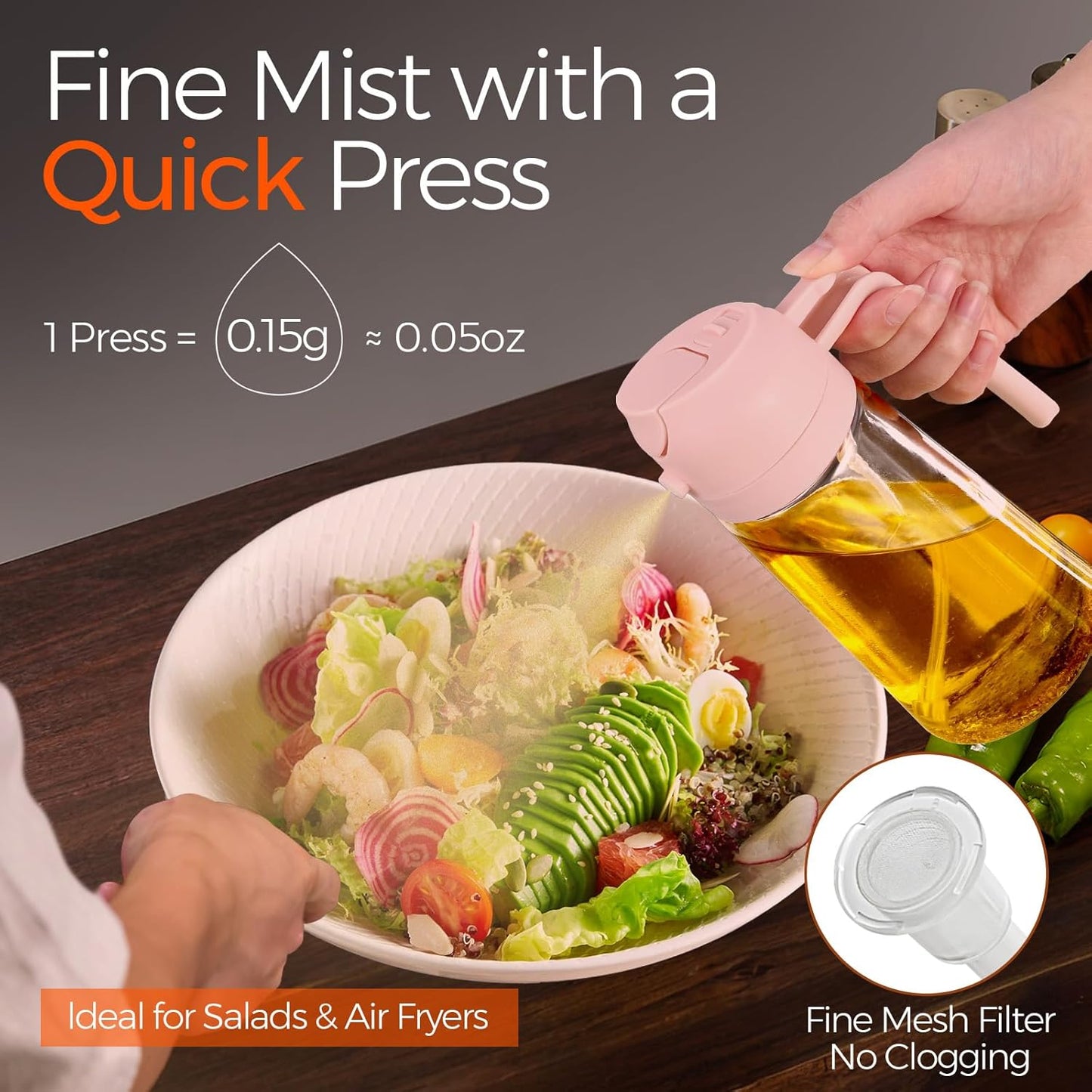 YARRAMATE 16oz/470ml Glass Olive Oil Sprayer for Cooking with Stickers, 2 in 1 Oil Dispenser for Kitchen Gadgets, Food Grade Premium Spray Bottle for Salad, Frying, BBQ (Creamy White)