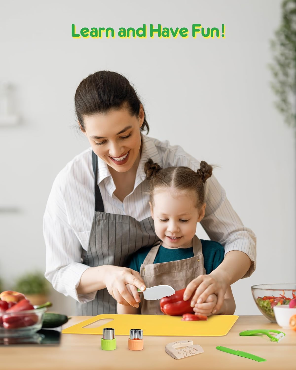 Kids Kitchen Knife Set, 15 Pcs BPA Free Montessori Kitchen Tools for Toddlers' Real Cooking, Include Knives, Crinkle and Sandwich Cutters, Peeler, Cutting Boards, Cleaning Tools for 3+ Birthday Gift