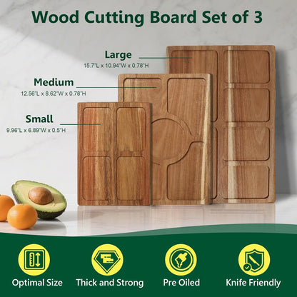 3 PCS Acacia Wood Cutting Board Set with Stand, Thick Chopping Boards for Kitchen, Deep Juice Grooves, Easy Grip Handle, Non-slip Heavy Duty Charcuterie Board for Meat, Cheese, Vegetables and Fruits
