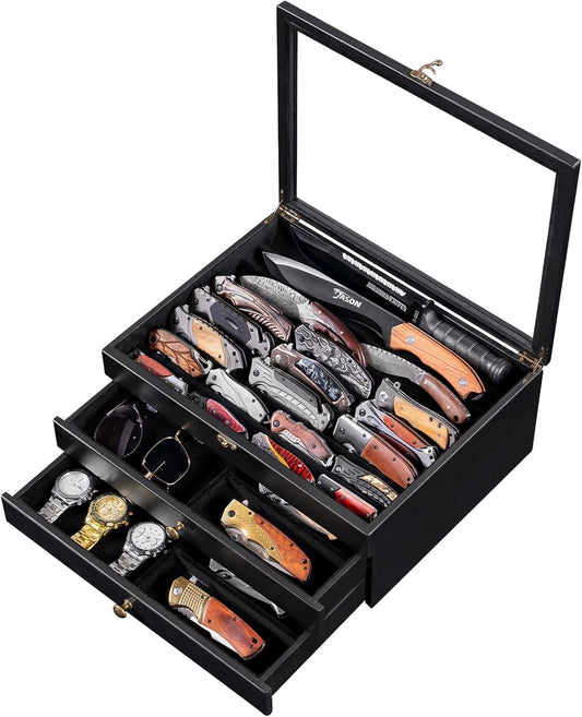 Large Knife Display Case, 3-Tier Pocket Knife Organizer and Storage Box with Transparent Lid & Drawer, for Folding Knife and Dagger Collections, Ideal Men's Gift(Walnut)