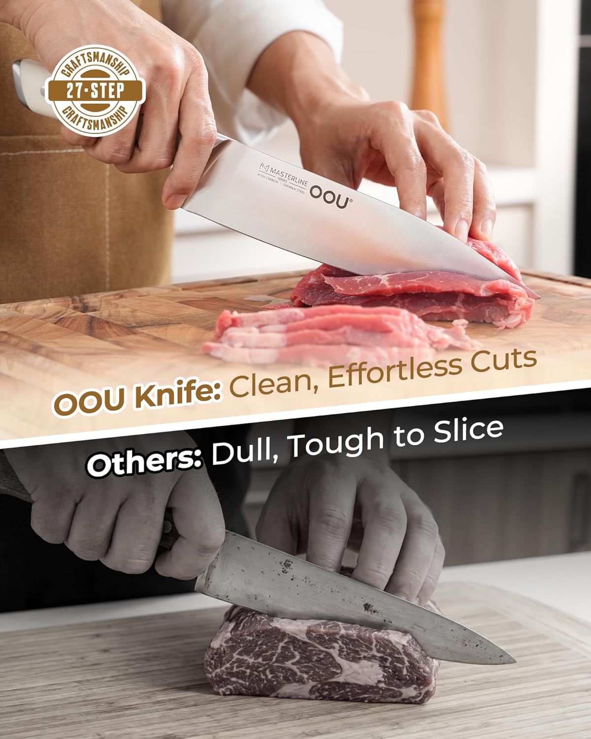OOU 2025 Kitchen Knife Set with Block, 15-Piece German Stainless Steel Knife Blcok Set with Sharpening Rod, Ergonomic Wood Handle,Premium Razor-Sharp Knives Set for Kitchen