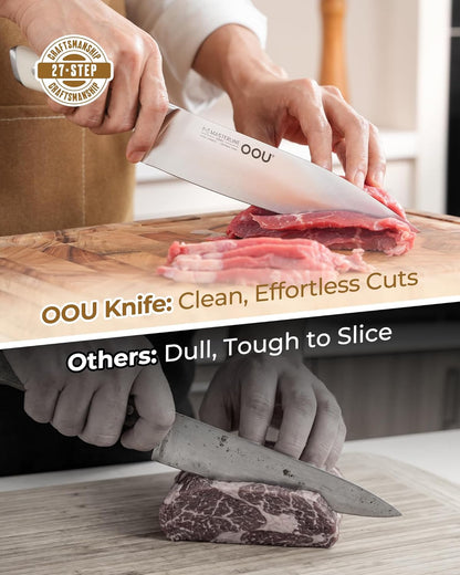 OOU 2025 Kitchen Knife Set with Block, 15-Piece German Stainless Steel Knife Blcok Set with Sharpening Rod, Ergonomic Wood Handle,Premium Razor-Sharp Knives Set for Kitchen