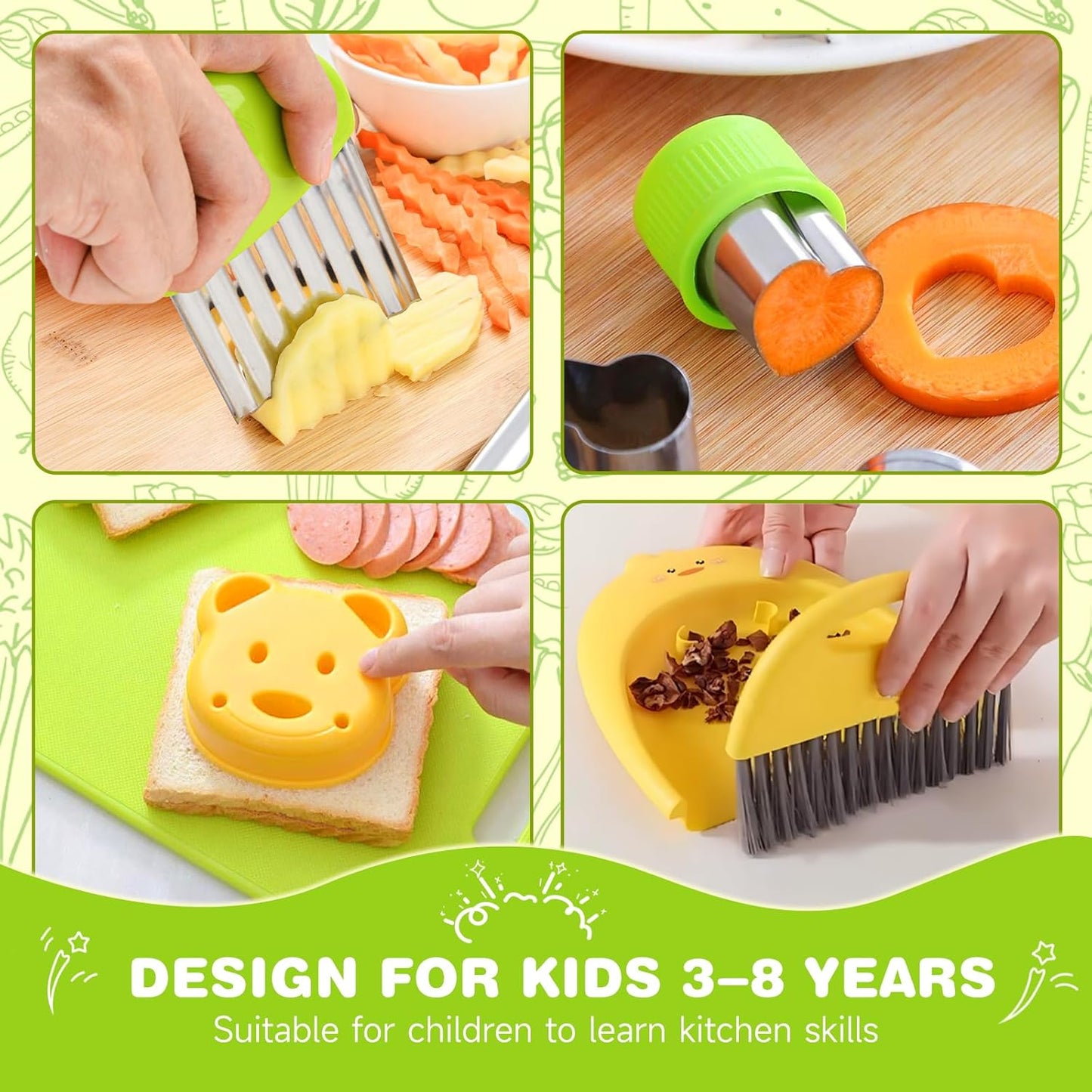 Suhctuptx Toddler Knife Set, Kids Knife Set for Real Cooking, Kid Safe Knives with Cutting Board Crinkle Cutters Montessori Kitchen Toys, Toddler Girl Gifts Age 3 4 5 6 7 8 Year Old
