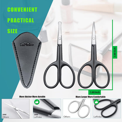 Facial Hair Small Grooming Scissors For Men Women - Eyebrow, Nose Hair, Mustache, Beard, Eyelashes, Ear Trimming Kit - Curved and Rounded Safety Tip Clippers For Hair Cutting - 2PCS Silver