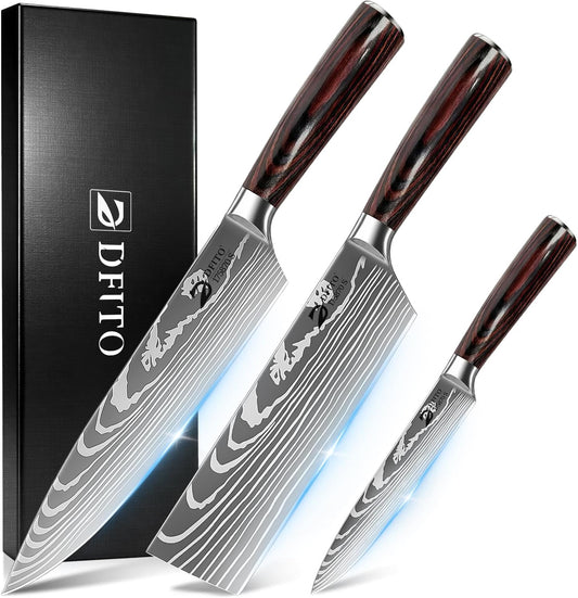 Dfito Kitchen Knife Set, 3 Pieces High Carbon Stainless Steel Chef Knife Set with Red Pakkawood Handle, Ultra Sharp Professional Chef Knives Sets for Home Cooking, Dishwasher Safe