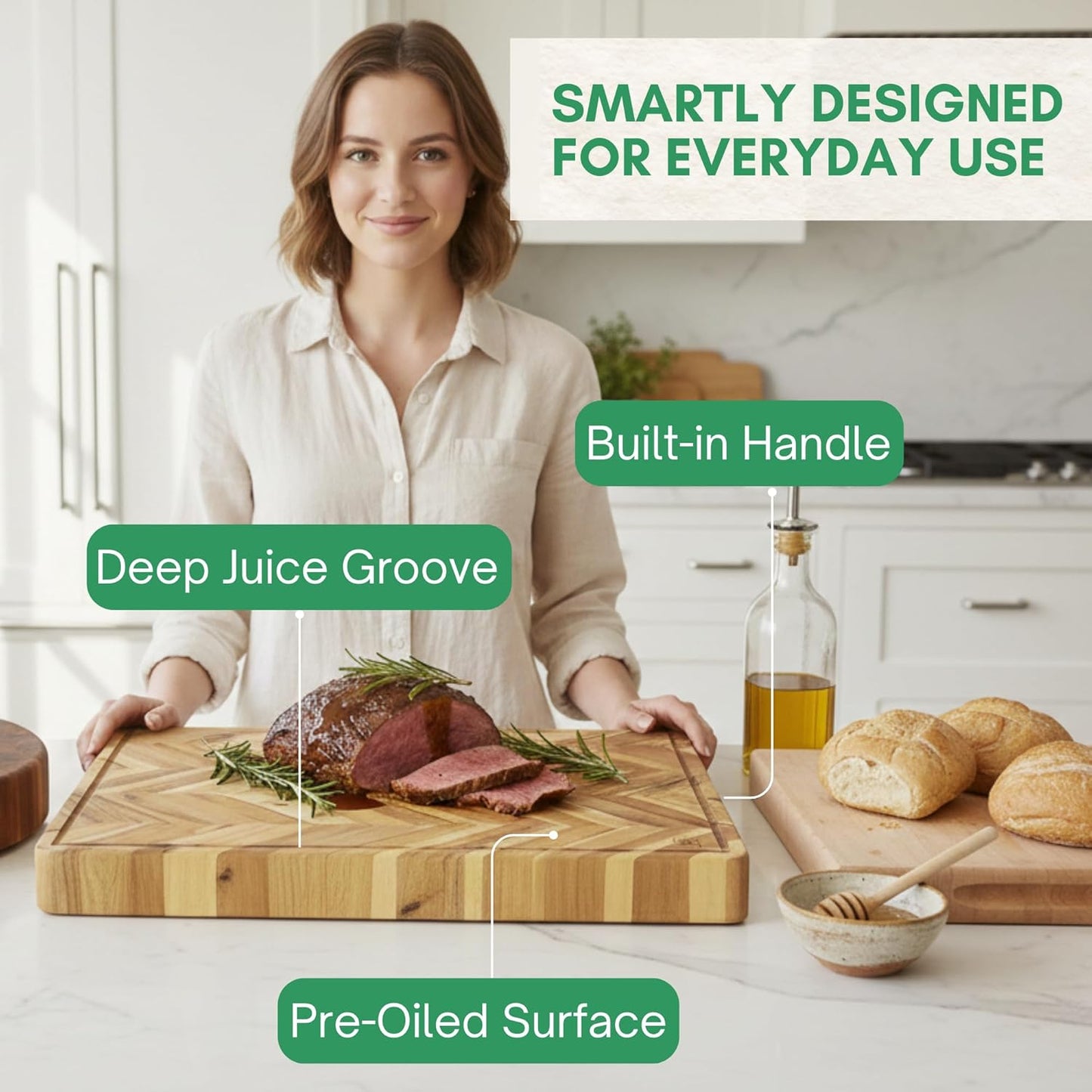 End Grain Acacia Wood Cutting Boards for Kitchen, 1.5 in Thick Butcher Block Construction for Stability, 15 x 10 in Medium Cutting Boards with Gift Box, Juice Groove and Handle