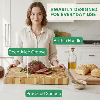 End Grain Acacia Wood Cutting Boards for Kitchen, 1.5 in Thick Butcher Block Construction for Stability, 15 x 10 in Medium Cutting Boards with Gift Box, Juice Groove and Handle