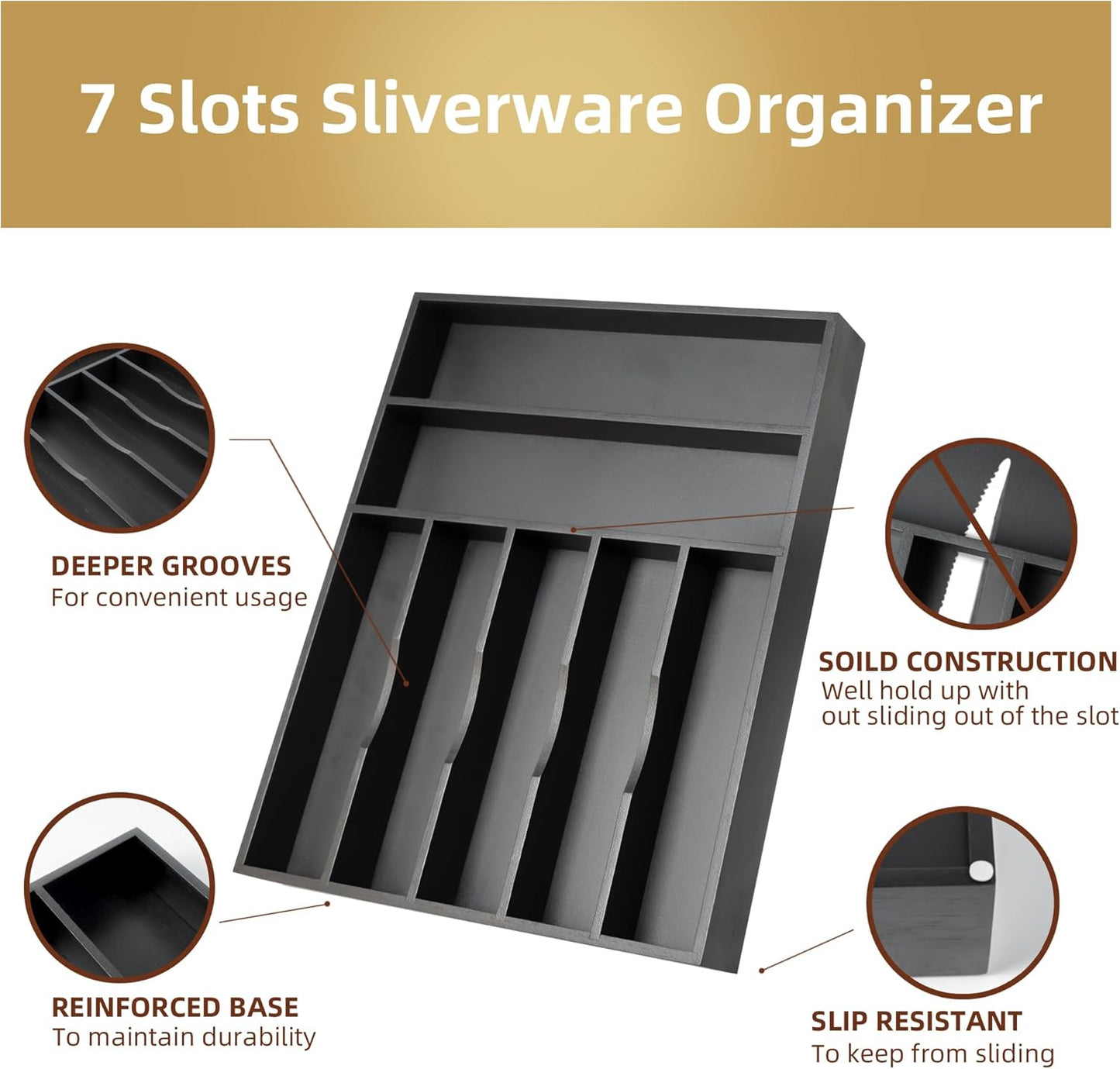 Silverware Organizer Bamboo Kitchen Drawer Organizer Utensil Organizer Silverware Holder Cutlery Organizer in drawer Flatware Organizer Tray (Black 5 Slots)