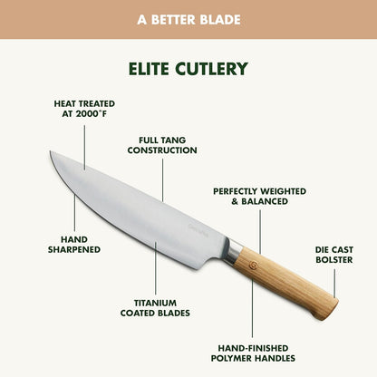 GreenPan Elite 8 Piece Steak Knife Set, Professional Stainless Steel Blades with Titanium Coating, Ultra-Sharp Dining Knives, Kitchen Cutlery, Ergonomic Wood Handles, Wooden Storage Box