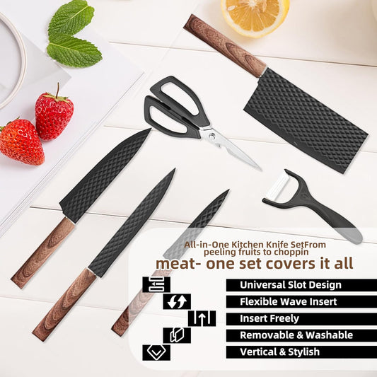 Kitchen Knife Set with Block, 7-Piece Kitchen Knife Set for Chef with Universal Knife Block, Anti-Rust Kitchen Knife Block Set, Ergonomic Design