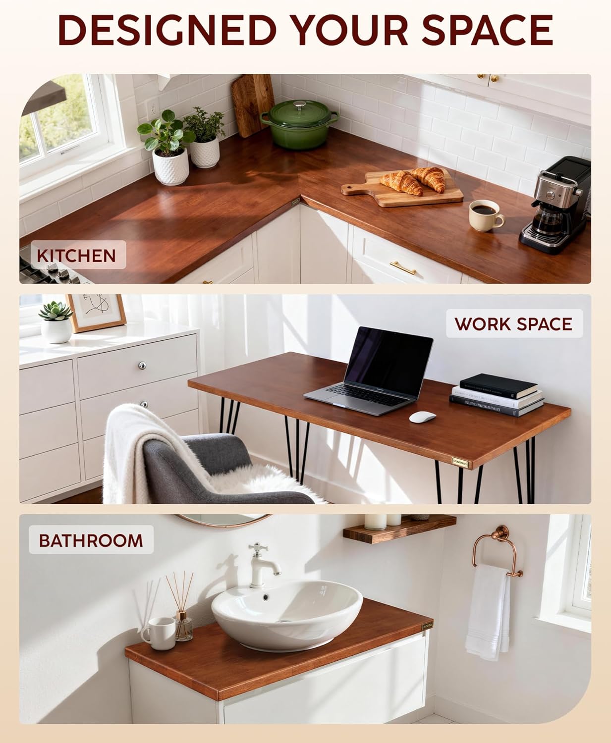 Hevea Butcher Block Countertop, 25"×24"×1.5" Solid Wood Butcher Block, Unfinished Wood Table Top DIY Cut for Kitchen Island, Cutting Board, Washer Dryer Countertop, Living and Dining Room Table 2ft