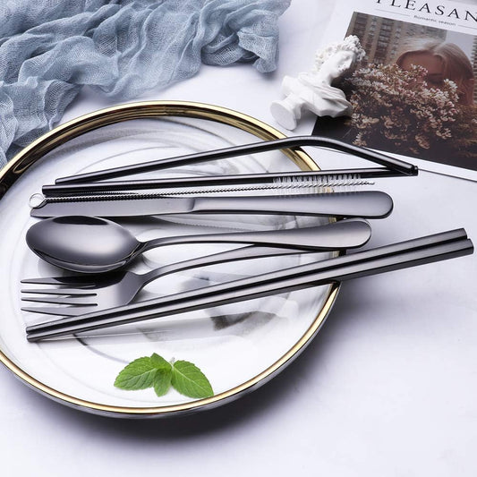 Portable Stainless Steel Flatware Set, Travel Camping Cutlery Set, Portable Utensil Travel Silverware Dinnerware Set with a Waterproof Case (Green)