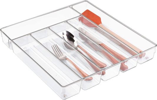 iDesign Linus Kitchen Drawer Organizer for Silverware, Spatulas, Gadgets - 12" x 12" x 2", Clear