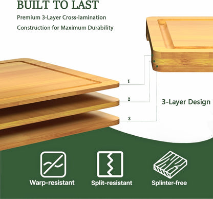 Cutting Boards for Kitchen, Bamboo Cutting Board Set of 3 with Storage Stand, Deep Carbonized Chopping Boards with Deep Juice Grooves and Side Handles for Meat, Vegetables, Fruit and Meal Prep
