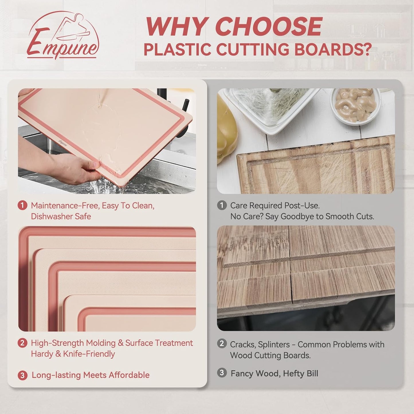Empune 3-Piece Plastic Cutting Boards for Kitchen - Thick & Non-Slip Chopping Board Set with Juice Grooves, Dishwasher Safe, BPA Free, Includes Large & Small Sizes, Gray