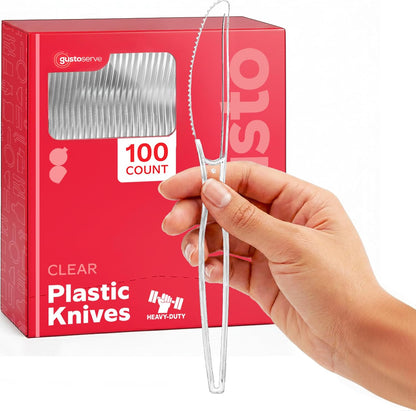 GUSTO [100 Pack] Heavy Duty Disposable Clear Plastic Knives - for Parties, Events, and Everyday Use (Formerly Comfy Package)