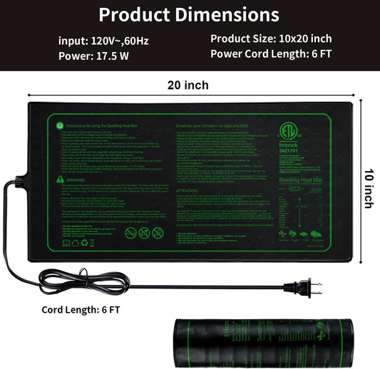 Upgrade 20" x 10" Durable Waterproof Seedling Heat Mat with ETL Certified, Warm Hydroponic Heating Pad for Germination,Indoor Plant Gardening and Cutting, Brewing and Seed Starting Greenhouse