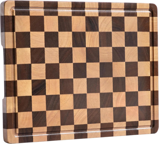 Checkered Cutting Boards for Kitchen, Wooden Cutting Board Set, Acacia Chopping Board with Juice Grooves & Handles, Butcher Block Serving Tray for Meat, Vegetables and Fruits, 3pcs