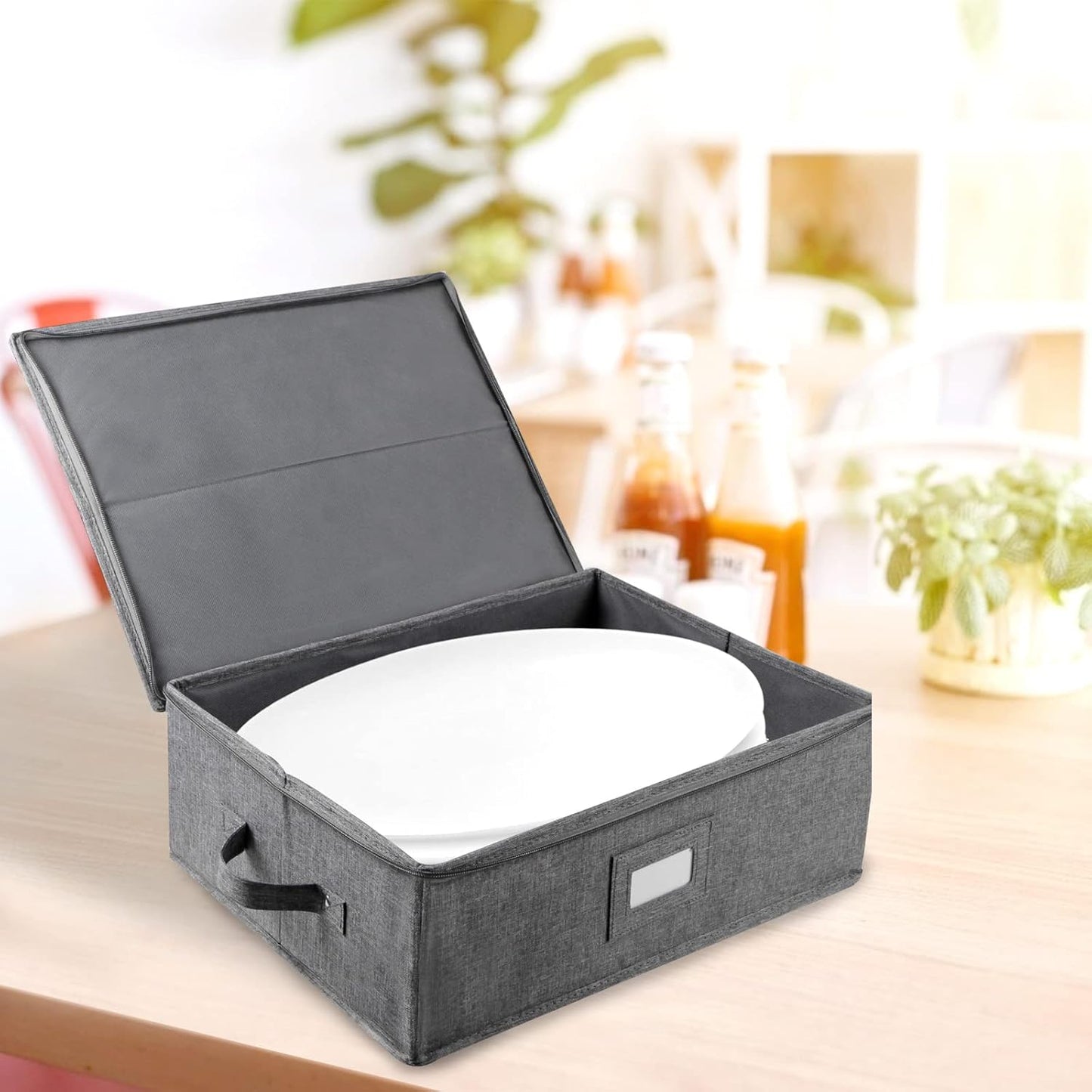 China Storage Containers Hard Shell 2 Pack, Platter Storage Case 17" x 13" x 6", 5 Felt Dividers Included, Structured Top and Stackable (Linen Grey)
