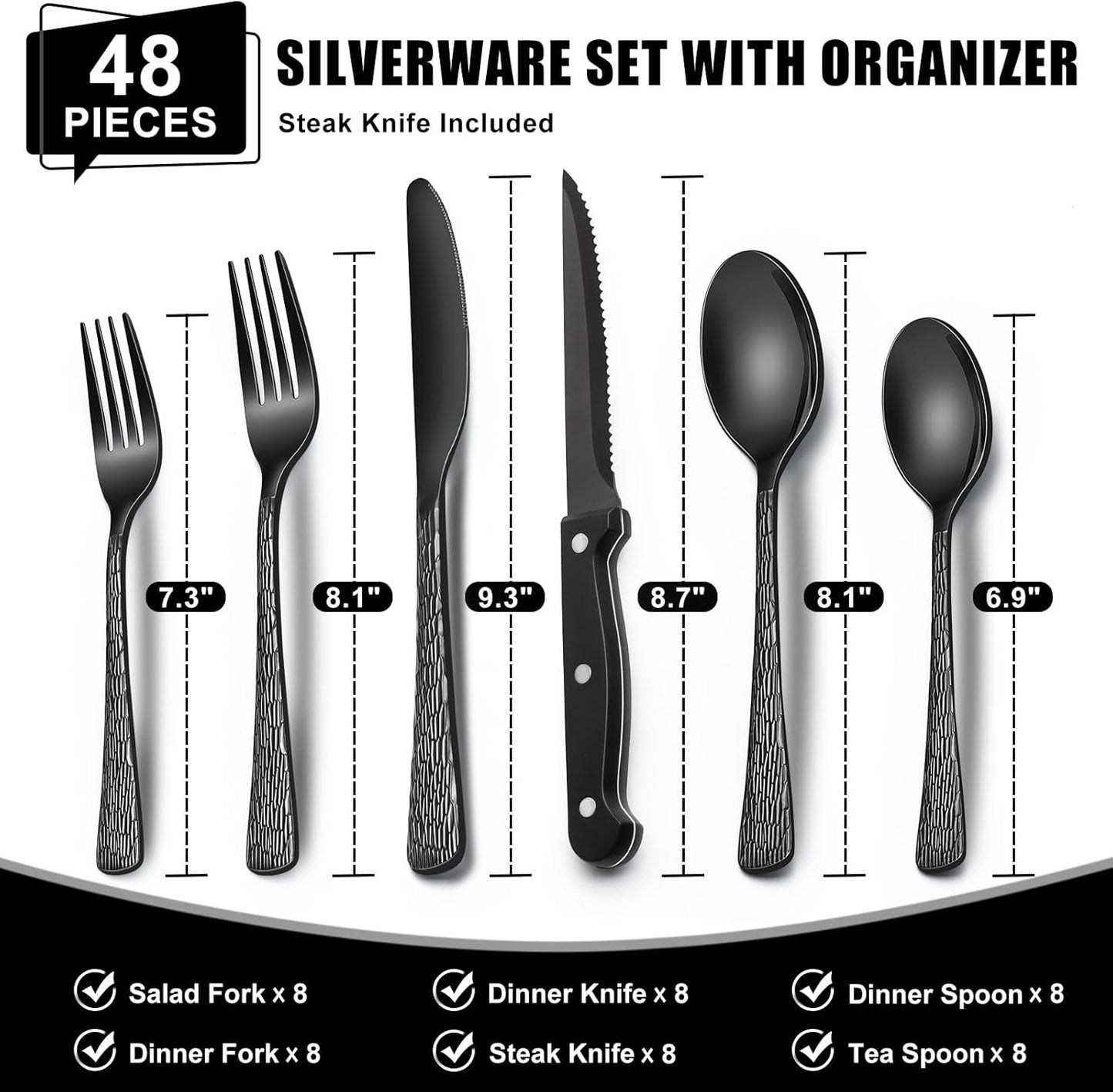 49-Piece Silverware Set with Organizer, Heavy Duty Stainless Steel Flatware Set for 8, Cutlery Utensil Sets with Steak Knives, Rust-proof, Mirror Polished, Dishwasher Safe, Heavy Duty