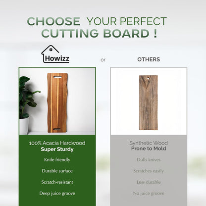 Howizz Acacia Wood Large Cutting Board, Thick End Grain Solid Wood Butcher Block For Kitchen, Non Toxic Pre-Oiled Carving Tray w/Juice Grooves and Easy Grip Handle, 20"x15"x1" (Gift-Ready Box)