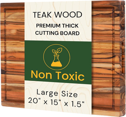 Teak Wood Cutting Board 18" x 14" x 0.6", 2-Piece Set for Kitchen Meat & Food Prep - Large Thin Edge Grain, Deep Juice Groove, Lightweight Solid Hardwood, Non-Toxic, BPA Free by New M Way
