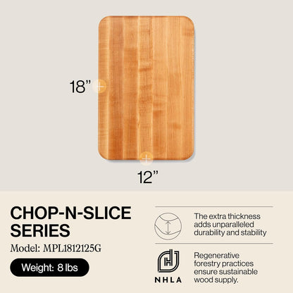 John Boos Chop-N-Slice Series Rectangular Wooden Maple Cutting Board 18”x12” – 1.25” Thick, 8-lb Reversible Butcher Block with Eased Corners, Edge-Grain & Finger Grips – Made in the USA