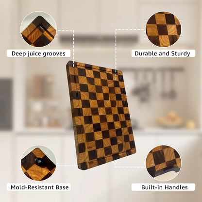 Walnut Wood Cutting Board for Kitchen, End Grain Chopping Board with Juice Groove, Heavy Duty Checkered Board for Cheese and Vegetables, Non-slip Feet, 14" × 11" × 1.5"