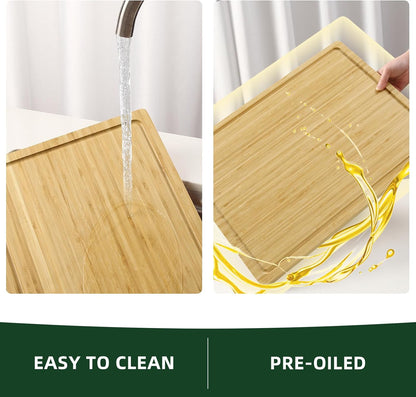 24" Bamboo Cutting Boards for Kitchen, Extra Large Wood Cutting Board with Deep Juice Groove and Handle, Over the Sink Chopping Board, Heavy Duty Butcher Block for Turkey, Meat, Vegetables, BBQ