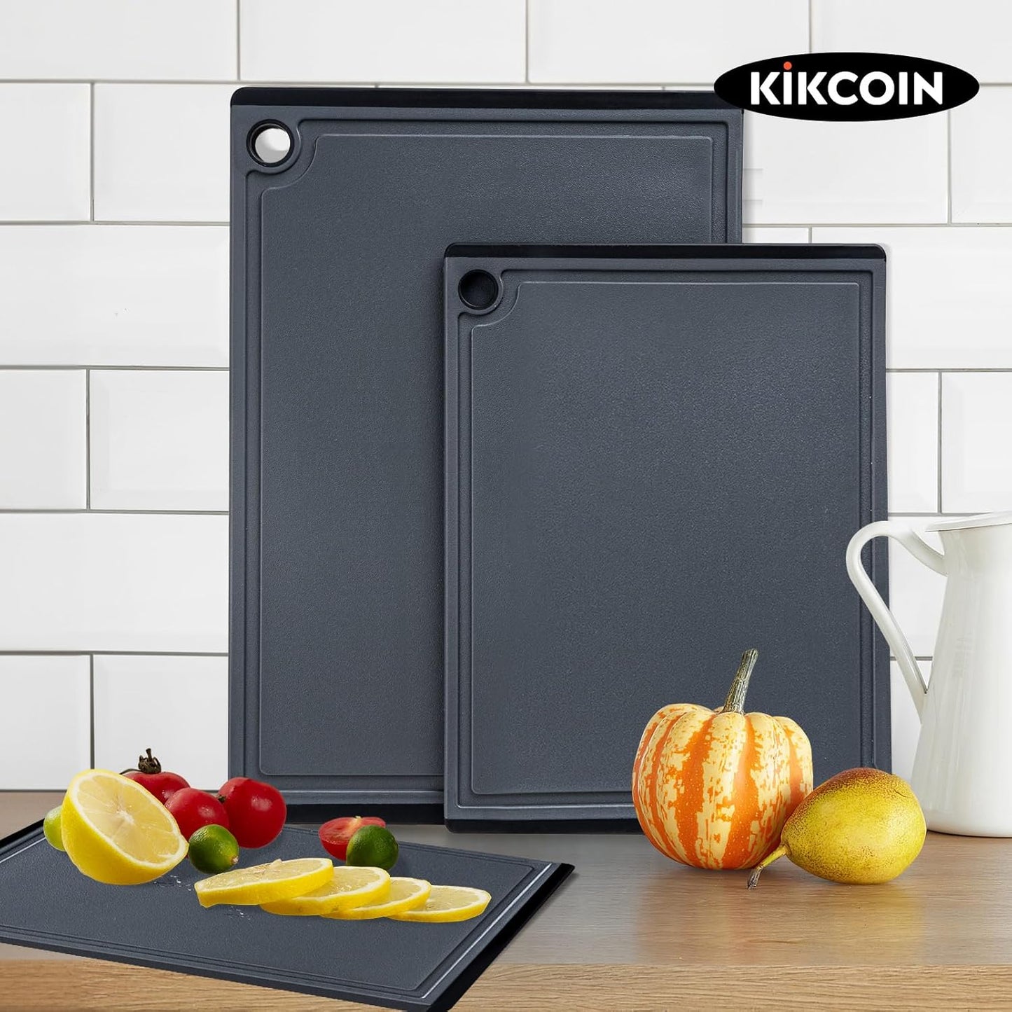 Plastic Cutting Boards for Kitchen, 3-Piece Large Cutting Board Set Dishwasher Safe Chopping Boards with Non-slip Feet and Juice Grooves, Kikcoin