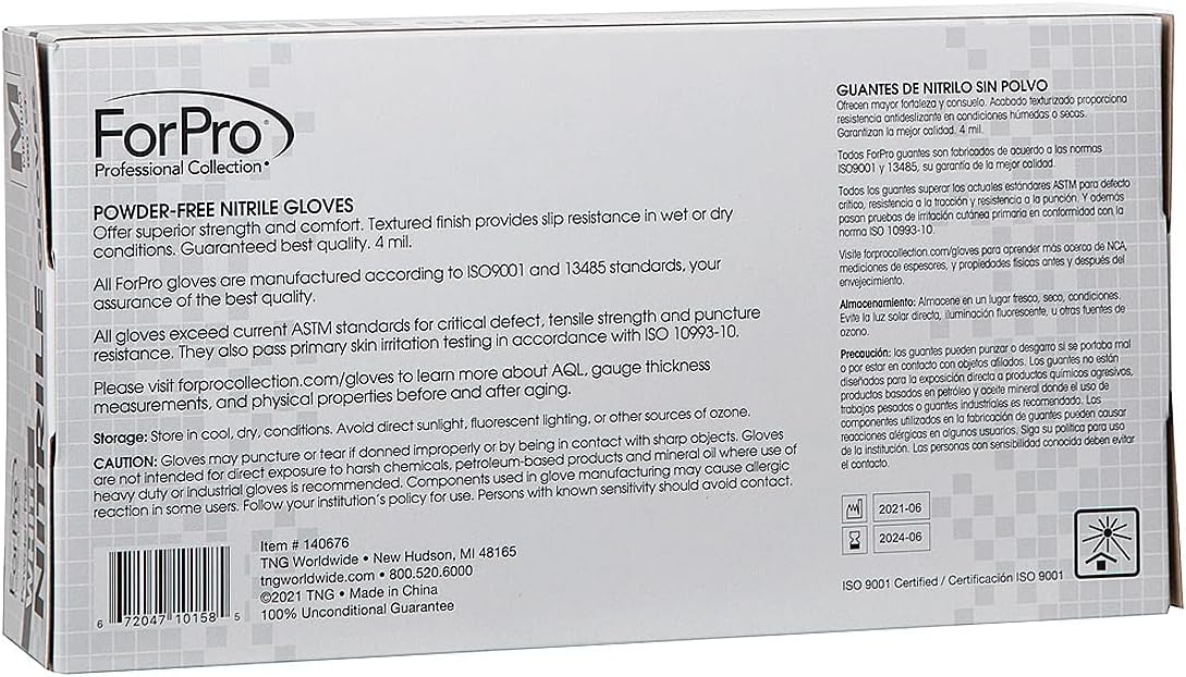 ForPro Disposable Nitrile Gloves, Chemical Resistant, Powder-Free, Latex-Free, Non-Sterile, Food Safe, 4 Mil