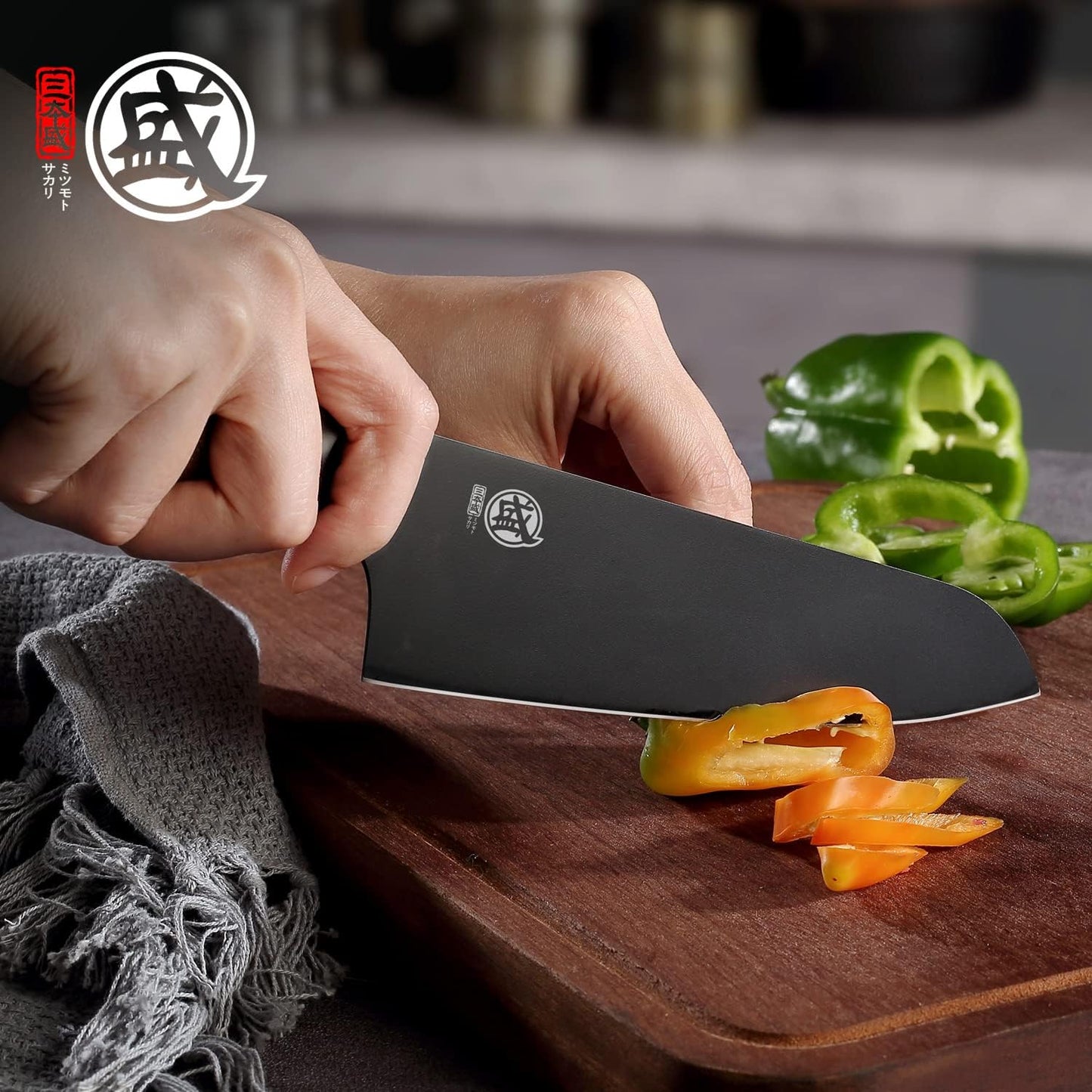 MITSUMOTO SAKARI 7 inch Japanese Chef Knife, Professional Black Titanium Coated Santoku Chef's Knife, German Premium Alloy Steel Meat Sushi Kitchen Knives (Walnut Handle)