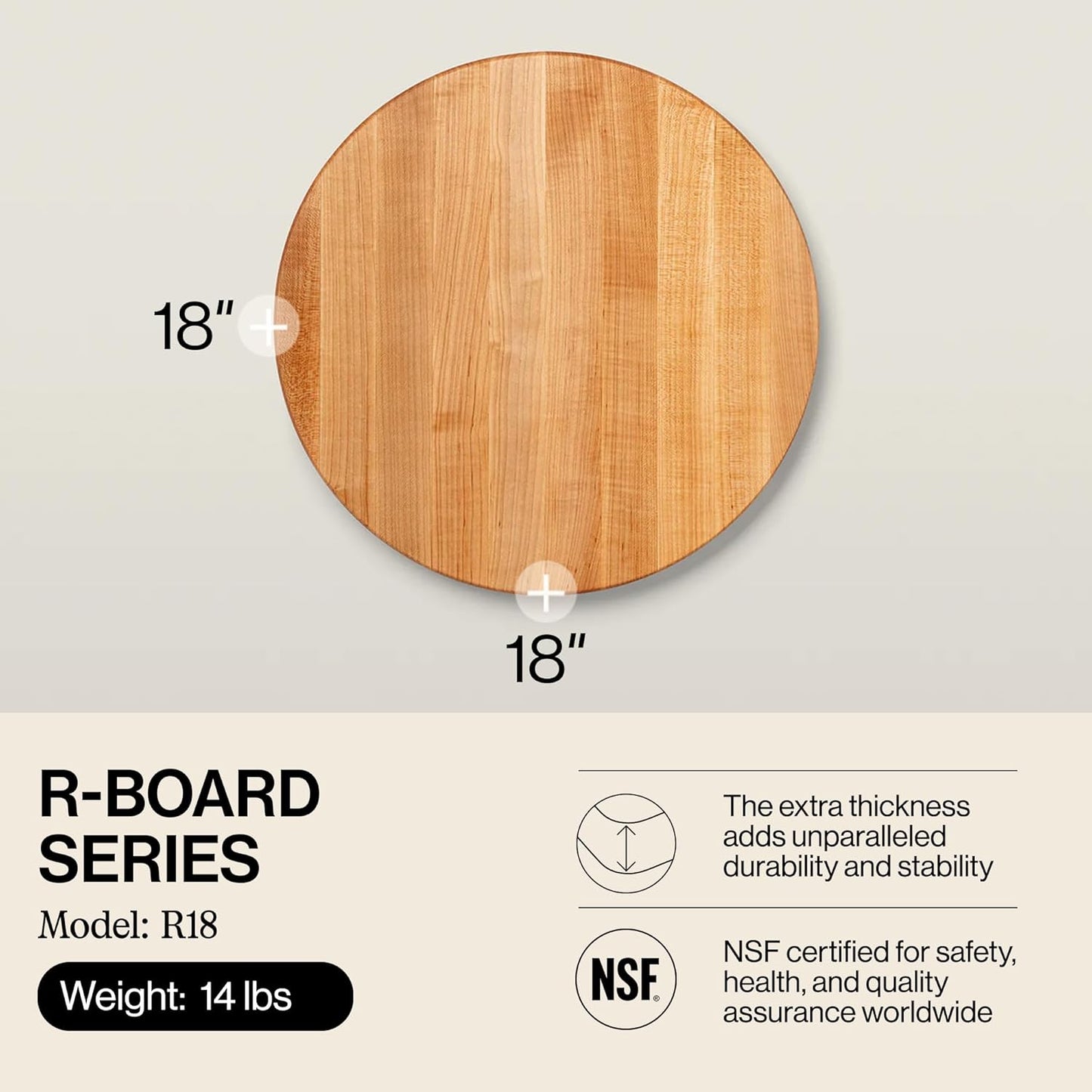 John Boos R-Board Series Round Wooden Cherry Cutting Board 18”x18” – 1.5” Thick, 10.5-lb Reversible Butcher Block with Edge-Grain – Made in the USA