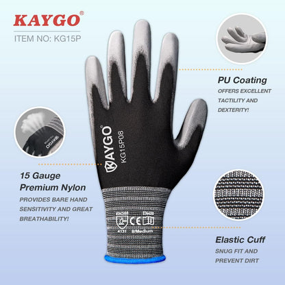 KAYGO Ultra Thin PU Coated Safety Work Gloves, 12 Pairs Nylon Knit, High Dexterity Anti-Slip Breathable Light Duty Gloves for Precision, Warehouse, DIY & Electronics (L,Gray)